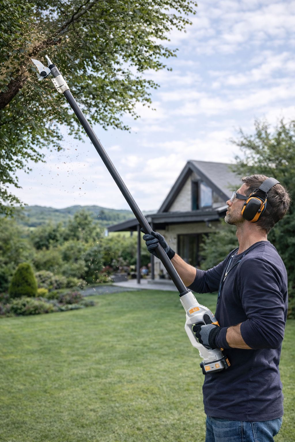 Nakayama Pro EC1630: Effortless pruning at 2.2m height. Professional tree pruning with the Nakayama Pro EC1630 21V battery extension pruner, 2.2 meters long.